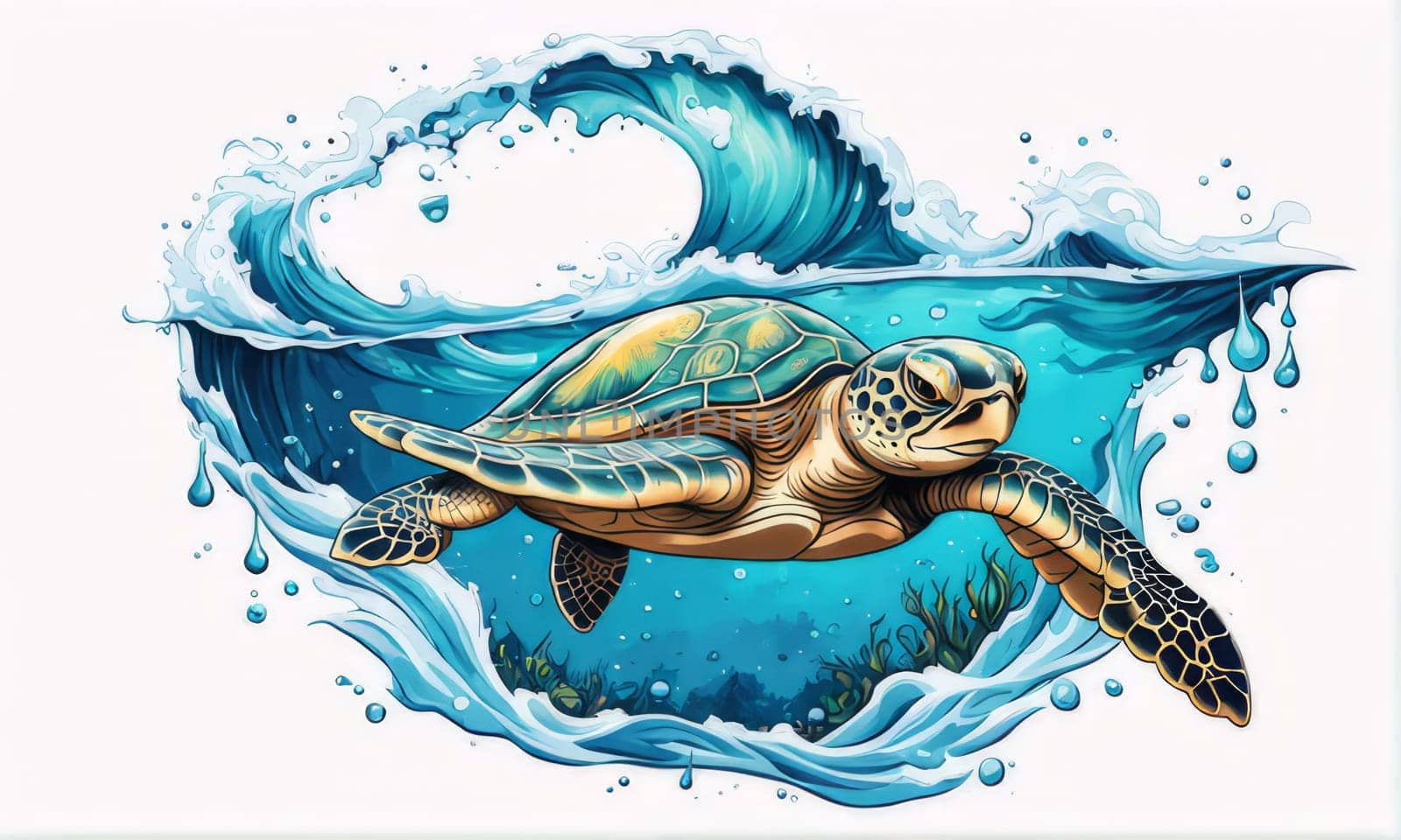 Turtle gracefully swimming in water. For educational materials for kids, game design, animated movies, tourism, stationery, Tshirt design, posters, postcards, childrens books