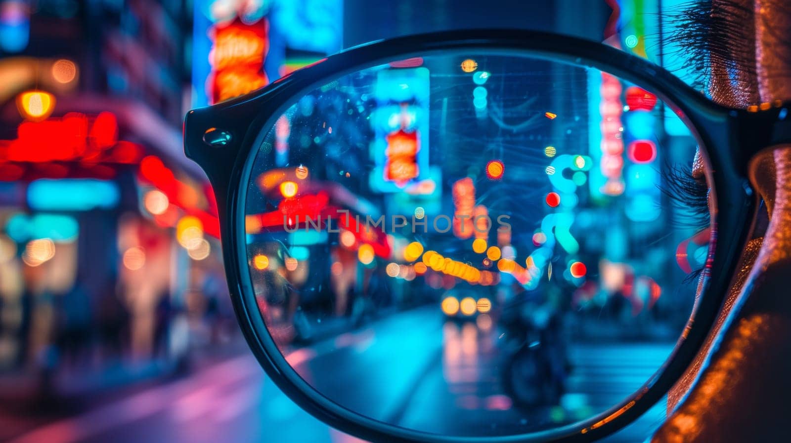 A close up of a person's eye looking through glasses at an illuminated city