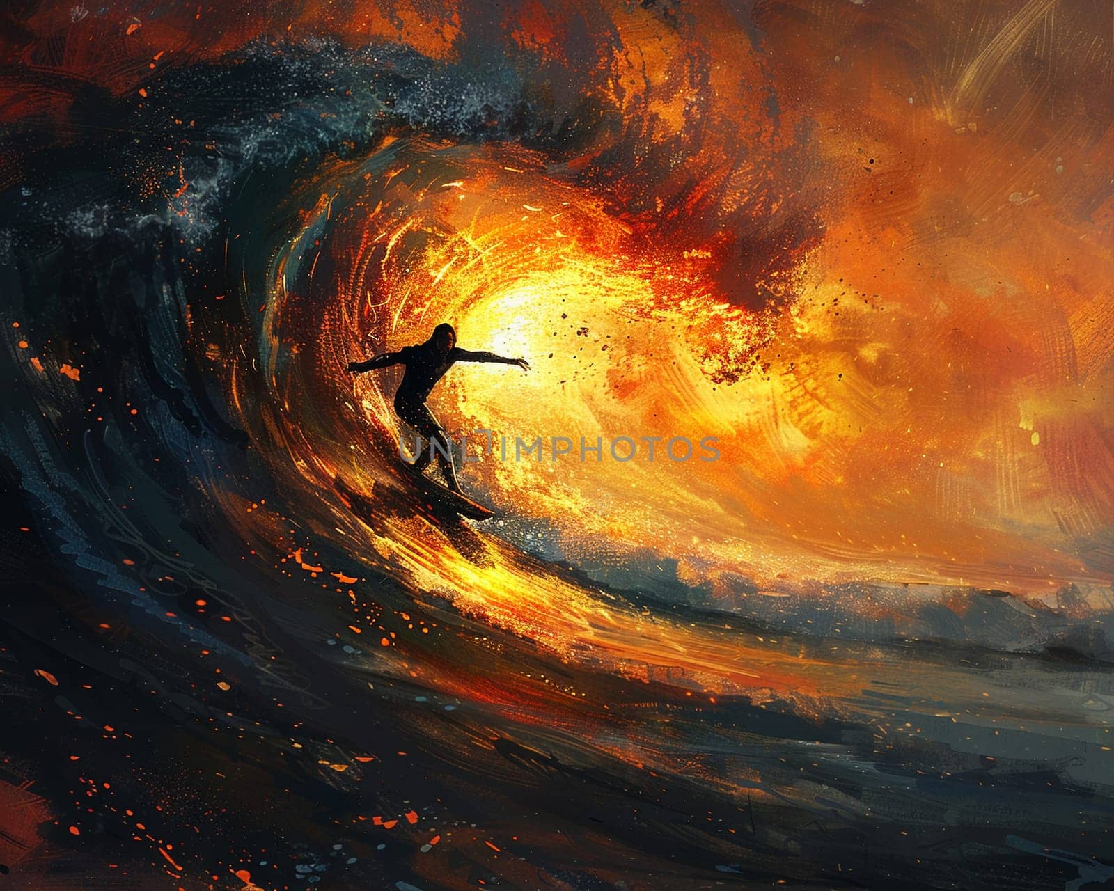 Surfer catching a wave at sunrise, embodying freedom and adventure.