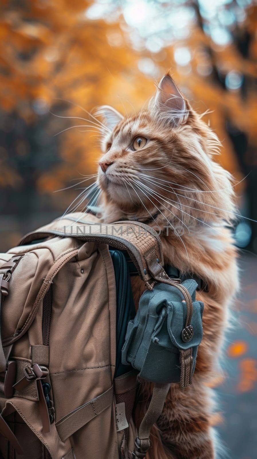 A cat with a backpack on its back looking up, AI by starush