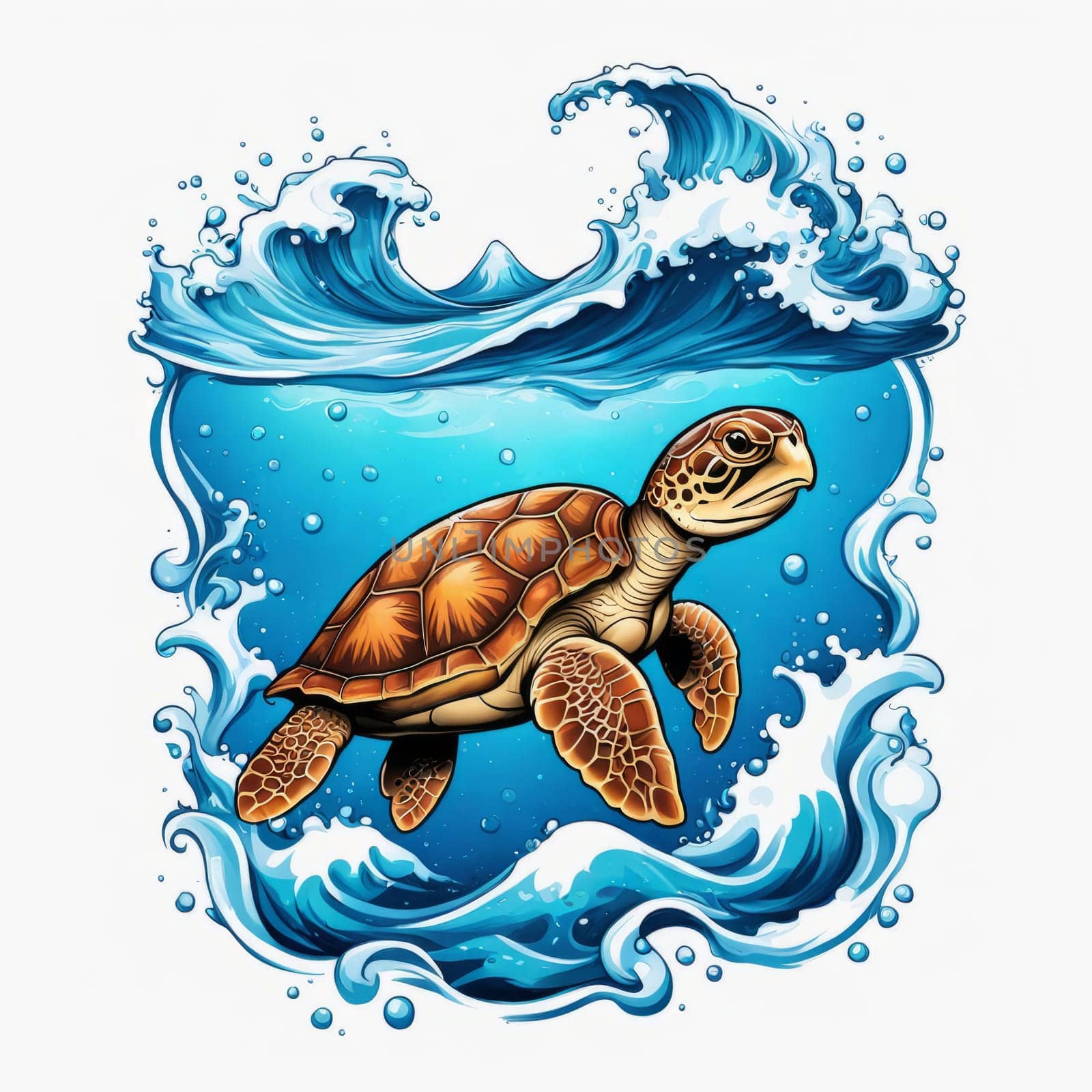 Majestic sea turtle gracefully gliding through crystal-clear waters of ocean. For educational materials for kids, game design, animated movies, tourism, stationery, Tshirt design, clothing design