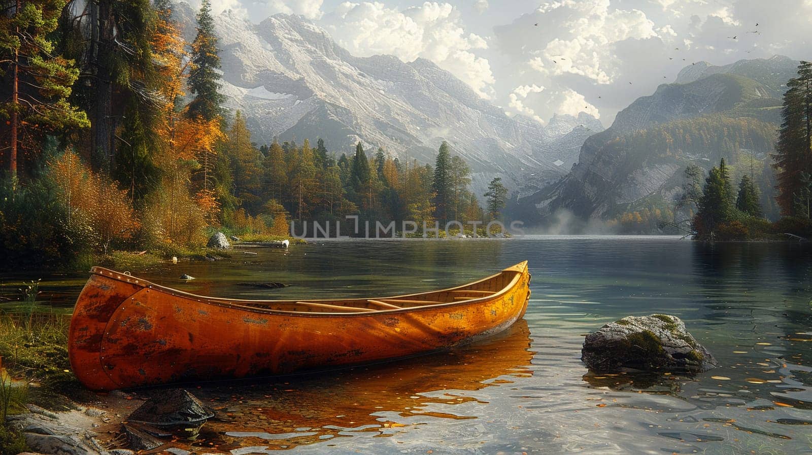 Canoe resting by a lakeside, inviting exploration and tranquility.