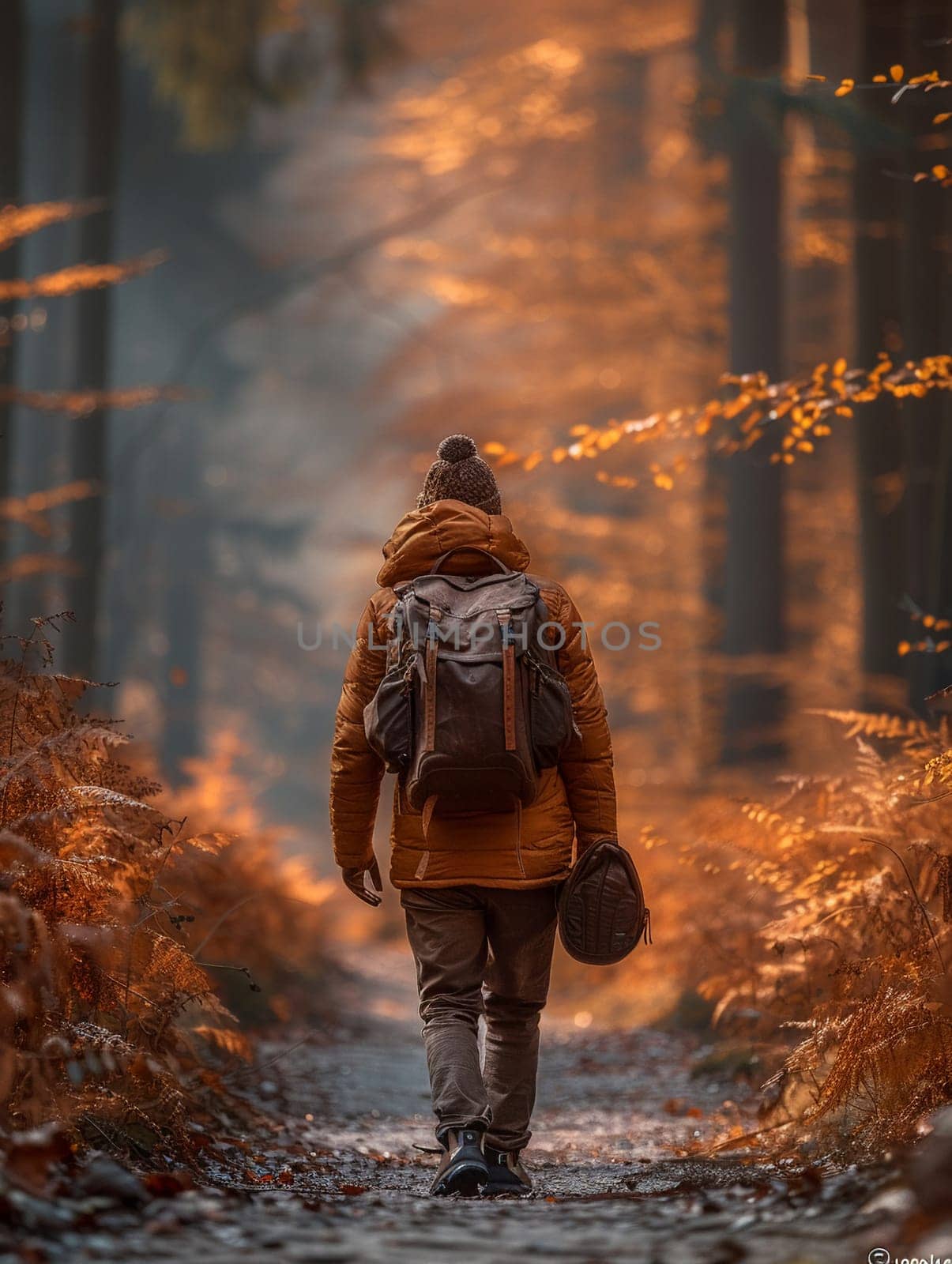 Person walking with a backpack through an autumn forest, illustrating leisure and nature.