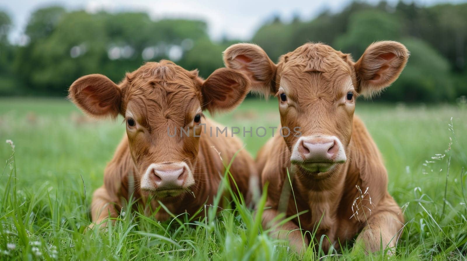 Two brown cows laying down in a field of grass