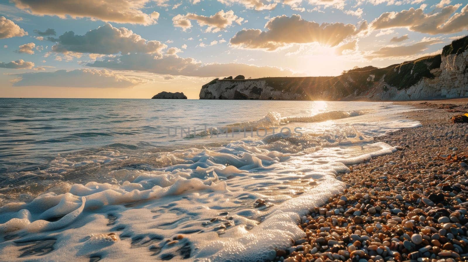 A beach with a surf board on the shore next to rocks
