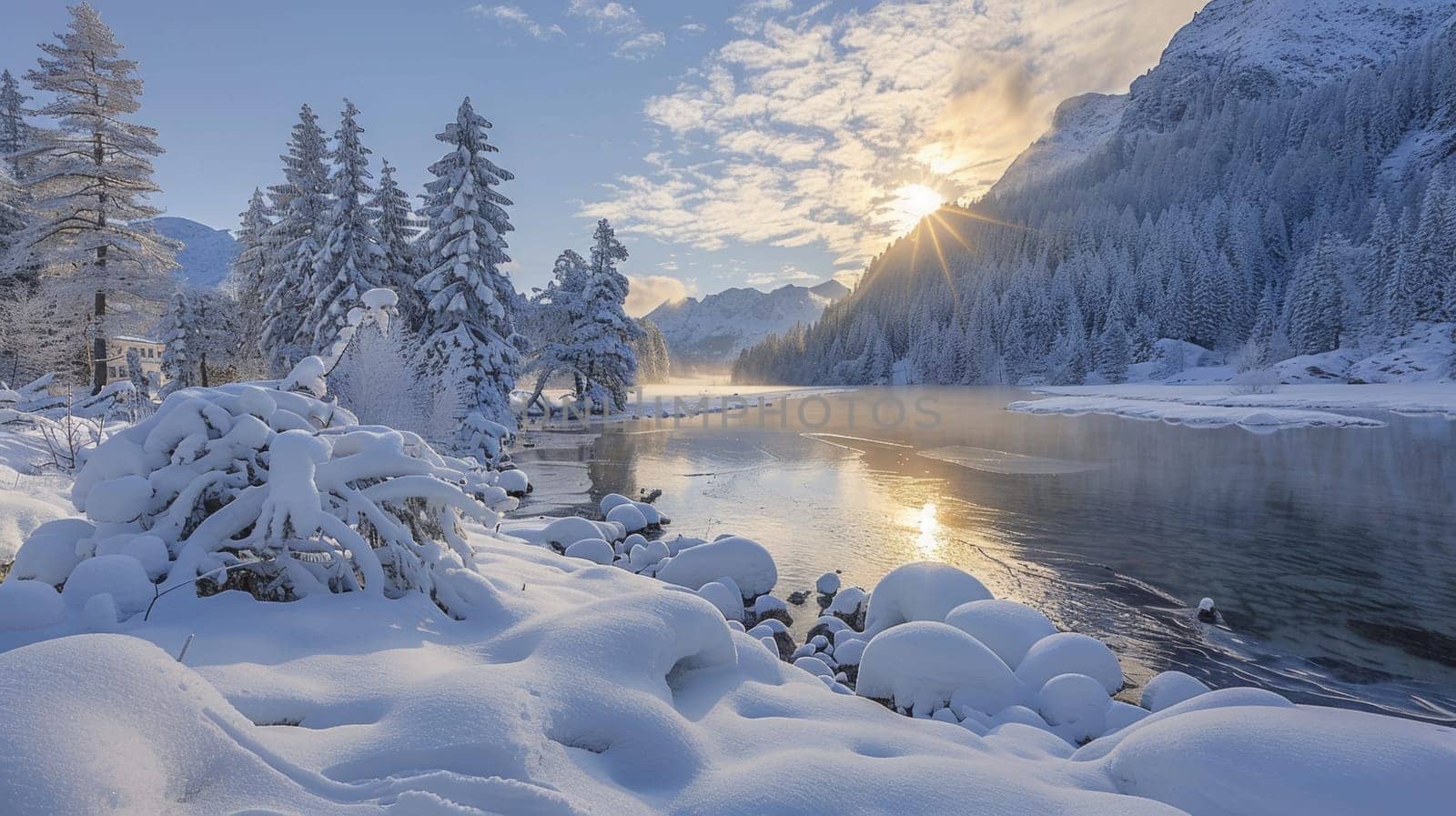 A snowy scene of a river surrounded by trees and snow