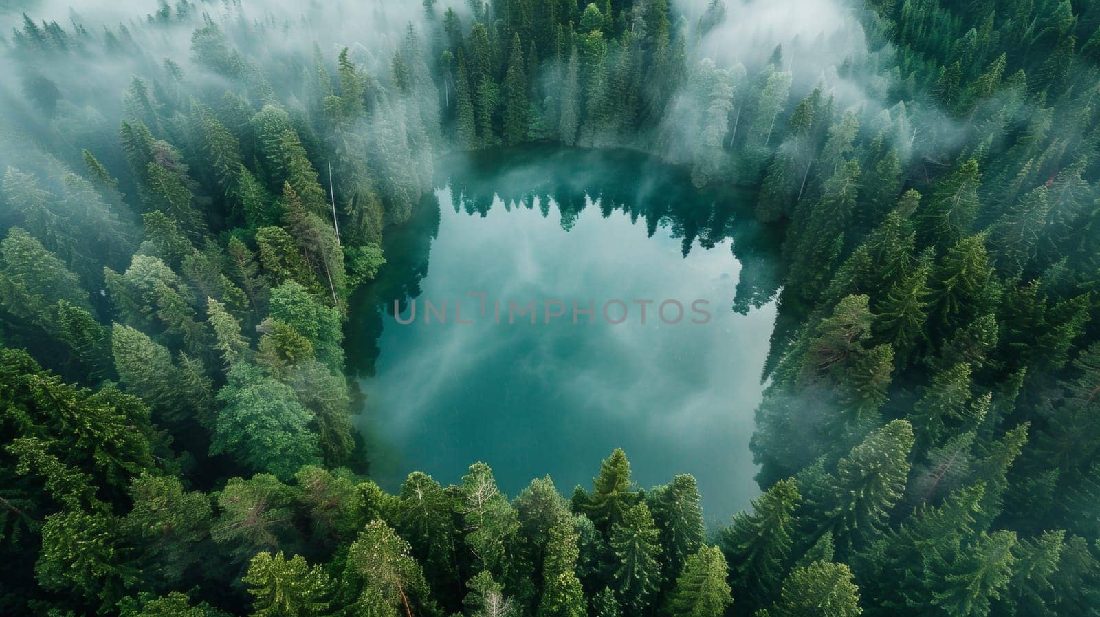 A view of a forest with trees and water in the middle