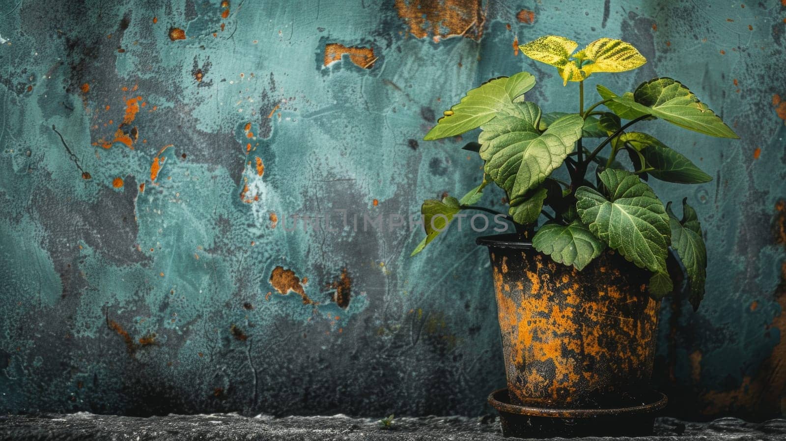 A plant in a pot against the wall of an old building