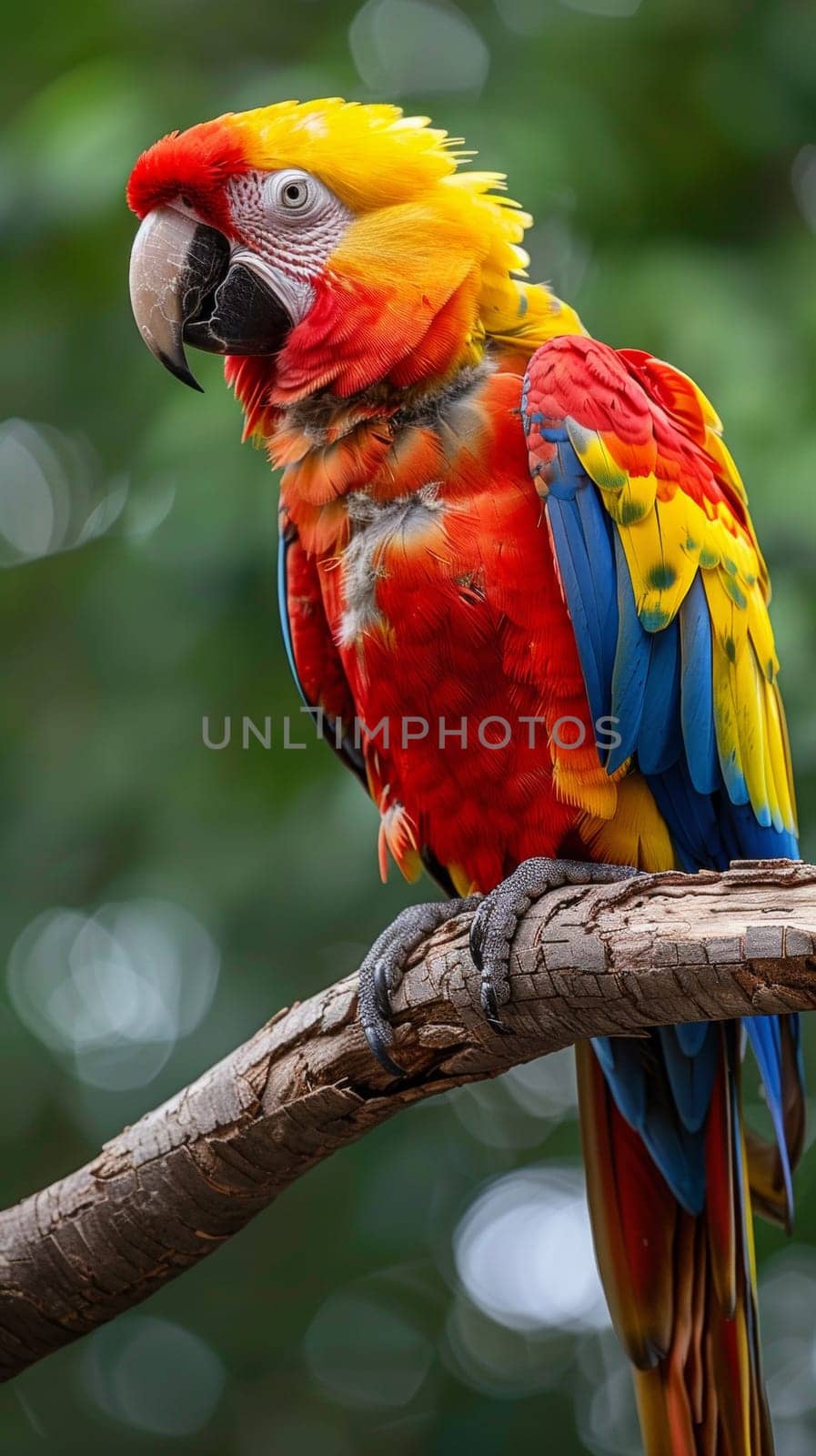 A colorful parrot perched on a branch with its wings spread, AI by starush