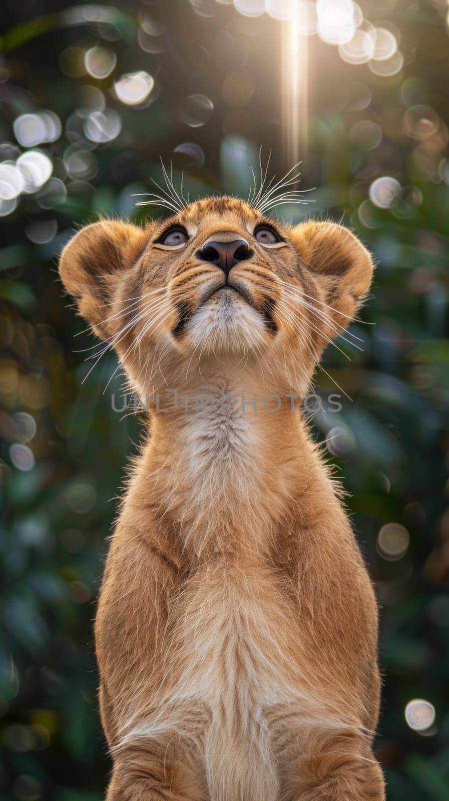 A close up of a lion cub looking upward at the camera