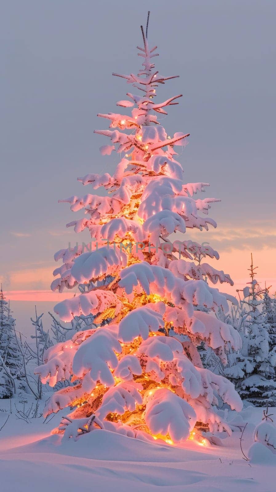 A snow covered tree with lights on it in the middle of a field
