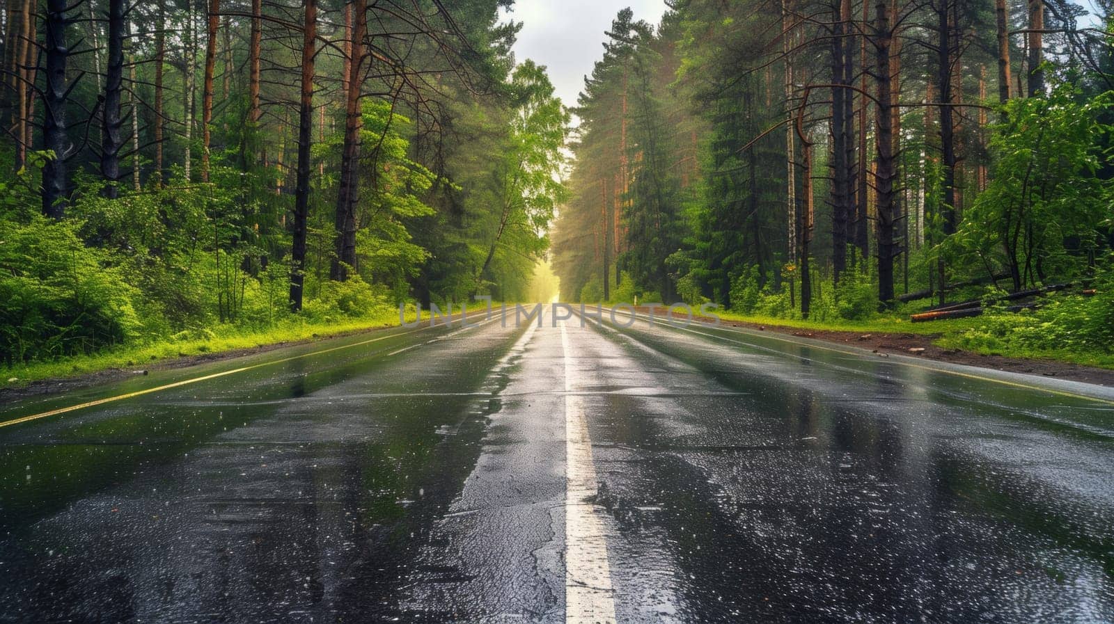 A wet road with a green forest in the background