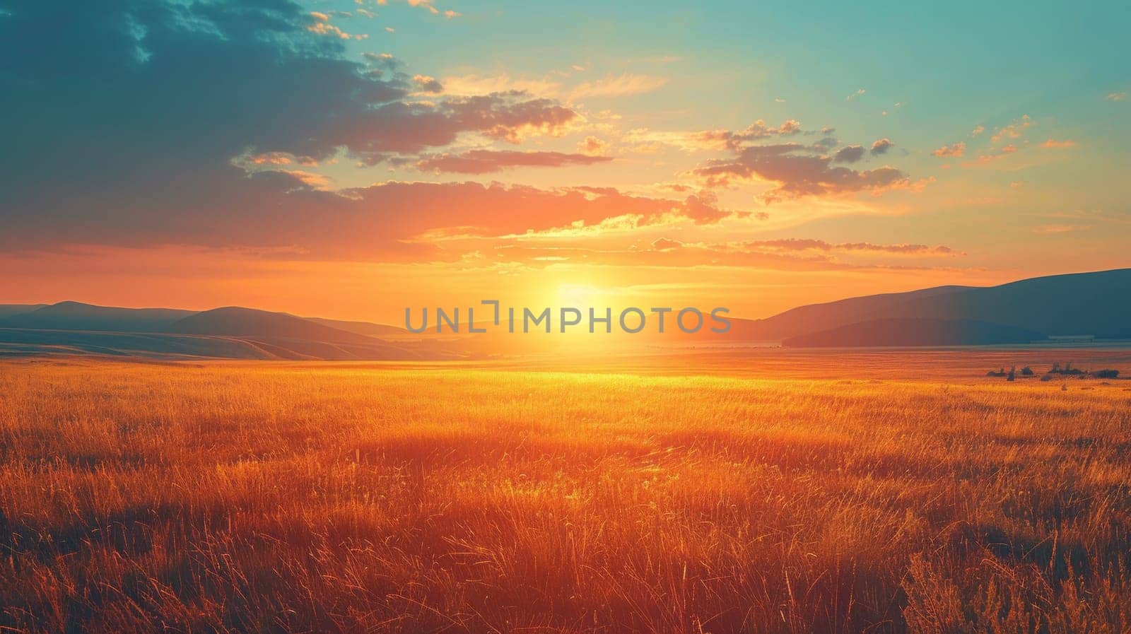 A field with a sunset in the background and mountains