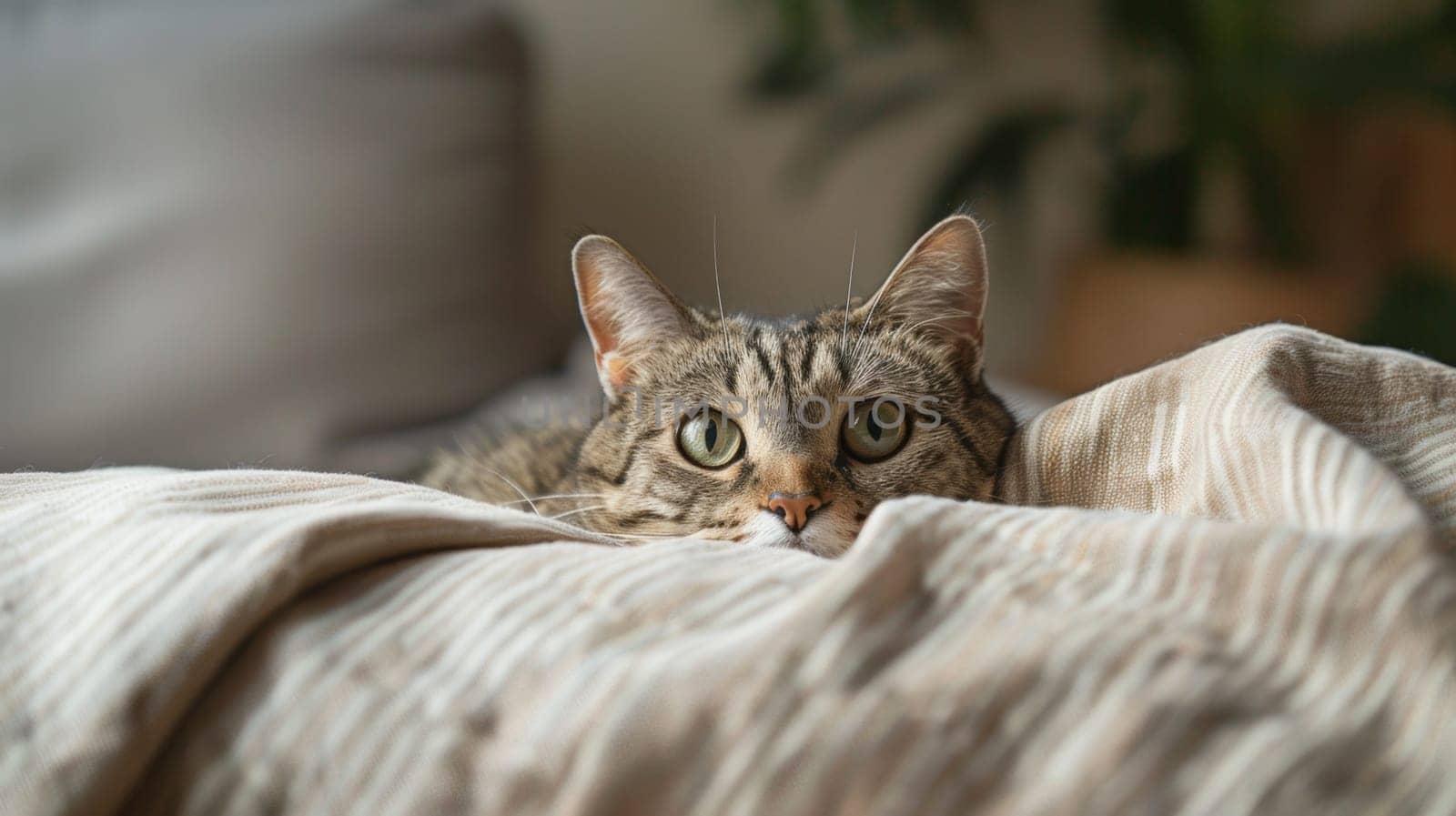 A cat peeking out from under a blanket on top of the bed