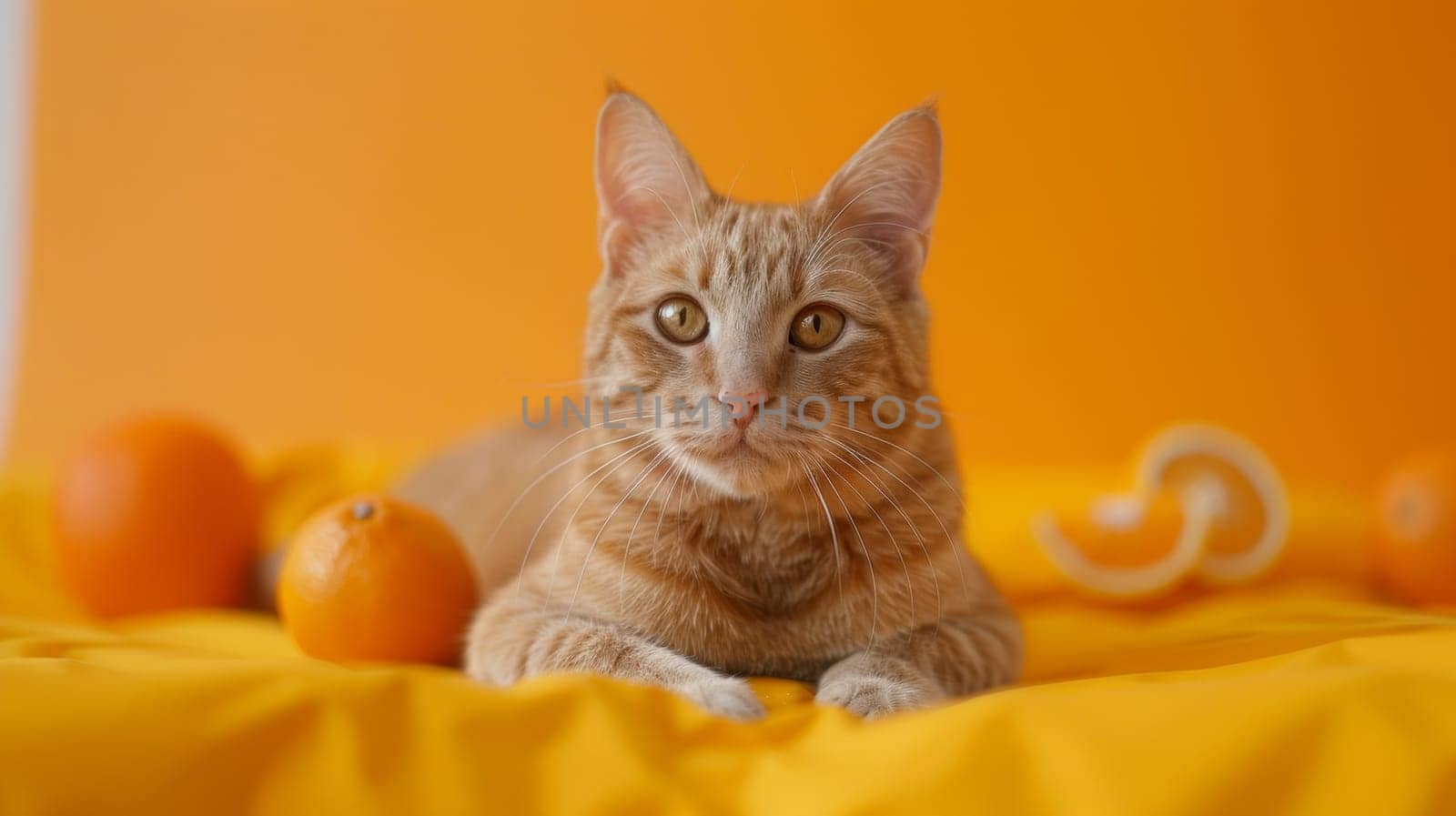 A cat laying on a bed with oranges and other objects