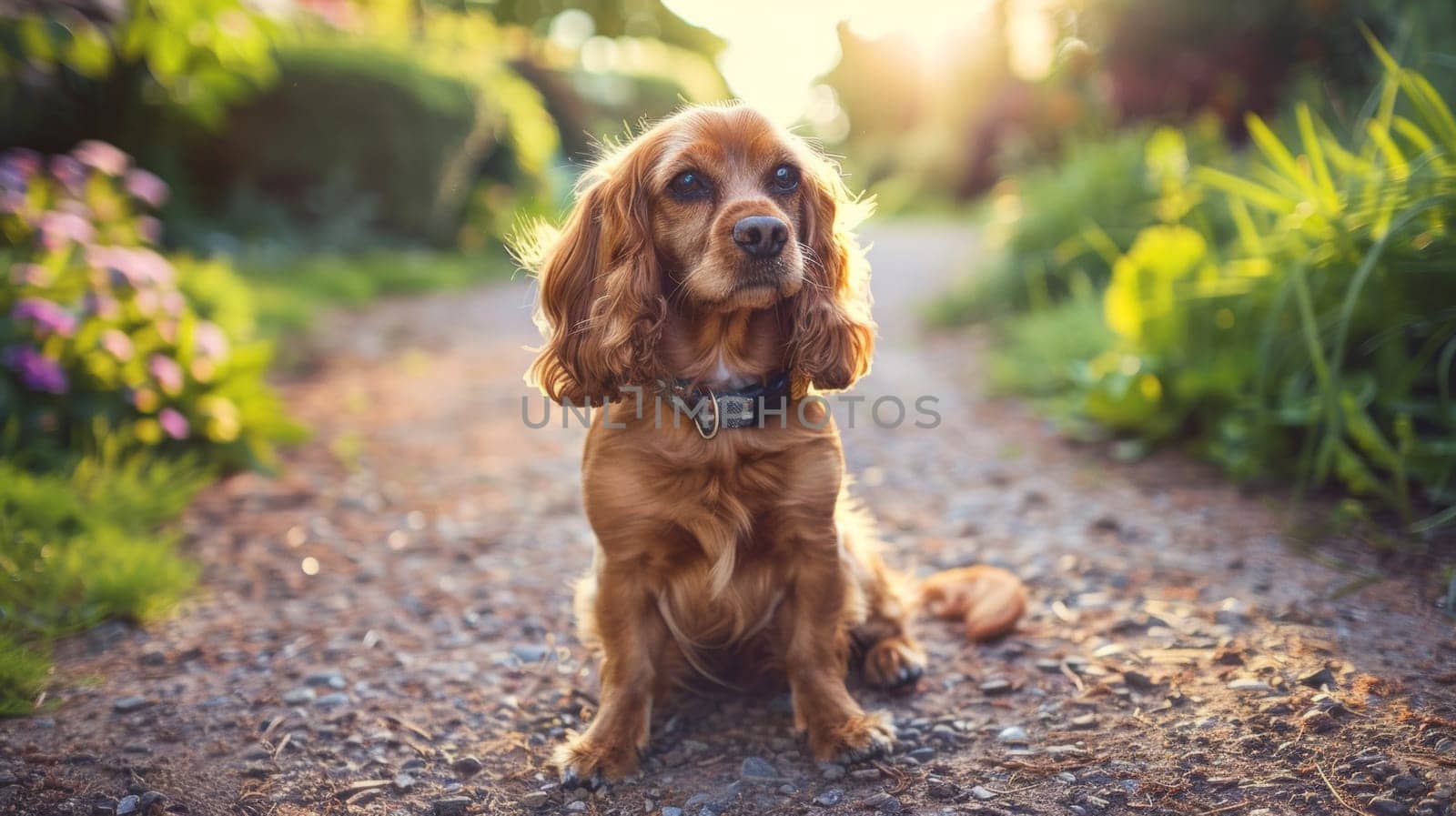 A dog sitting on a gravel road in the sun