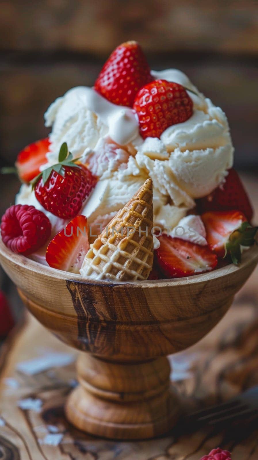 A bowl of ice cream with strawberries and whipped topping