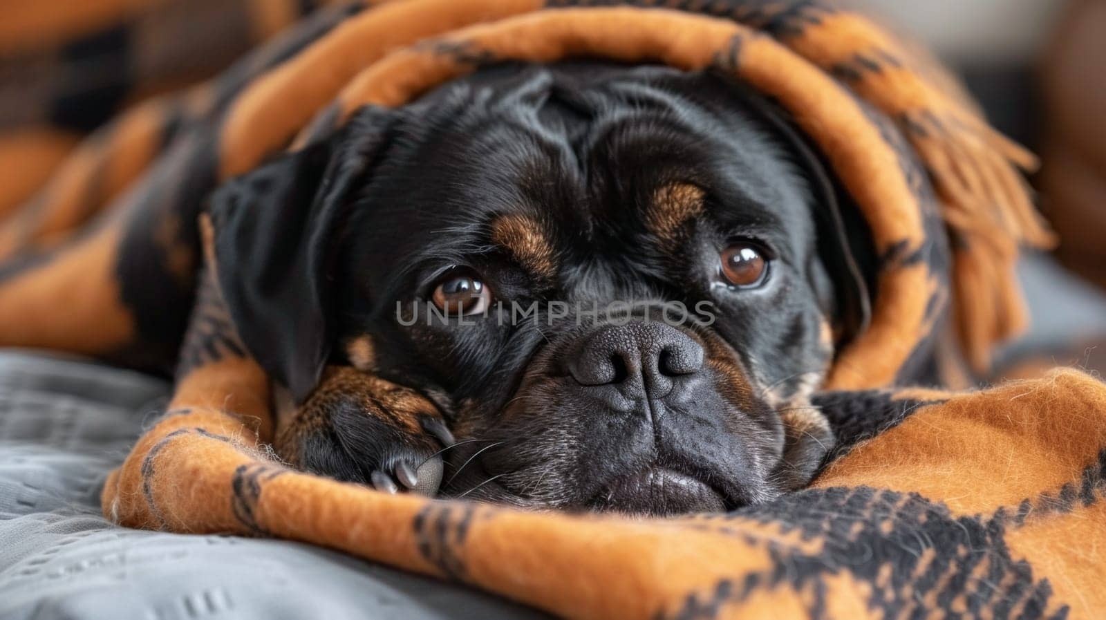 A dog laying on a bed wrapped in an orange blanket