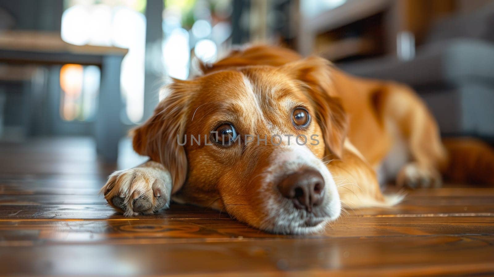A dog laying on the floor with its head down