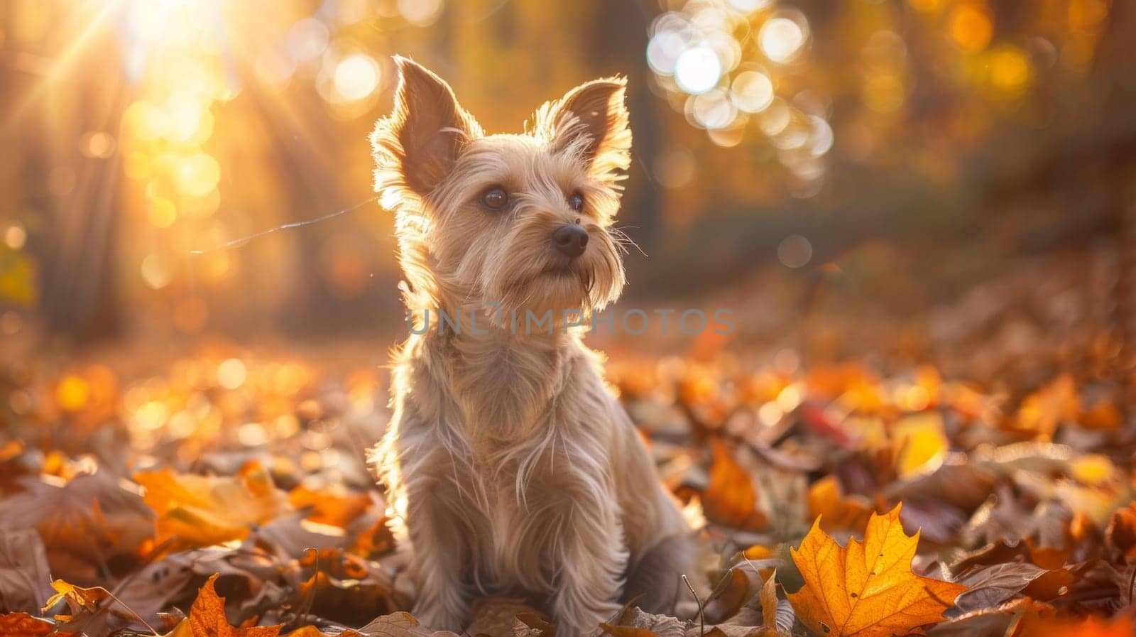A small dog sitting in a pile of leaves on the ground