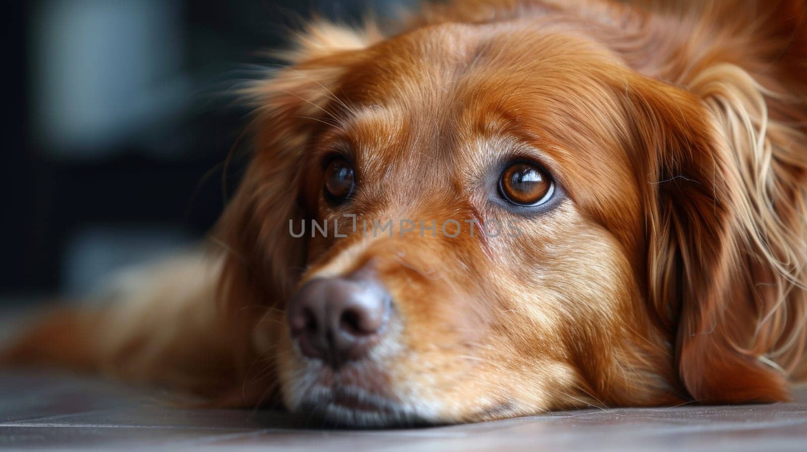 A close up of a dog laying on the floor looking at something