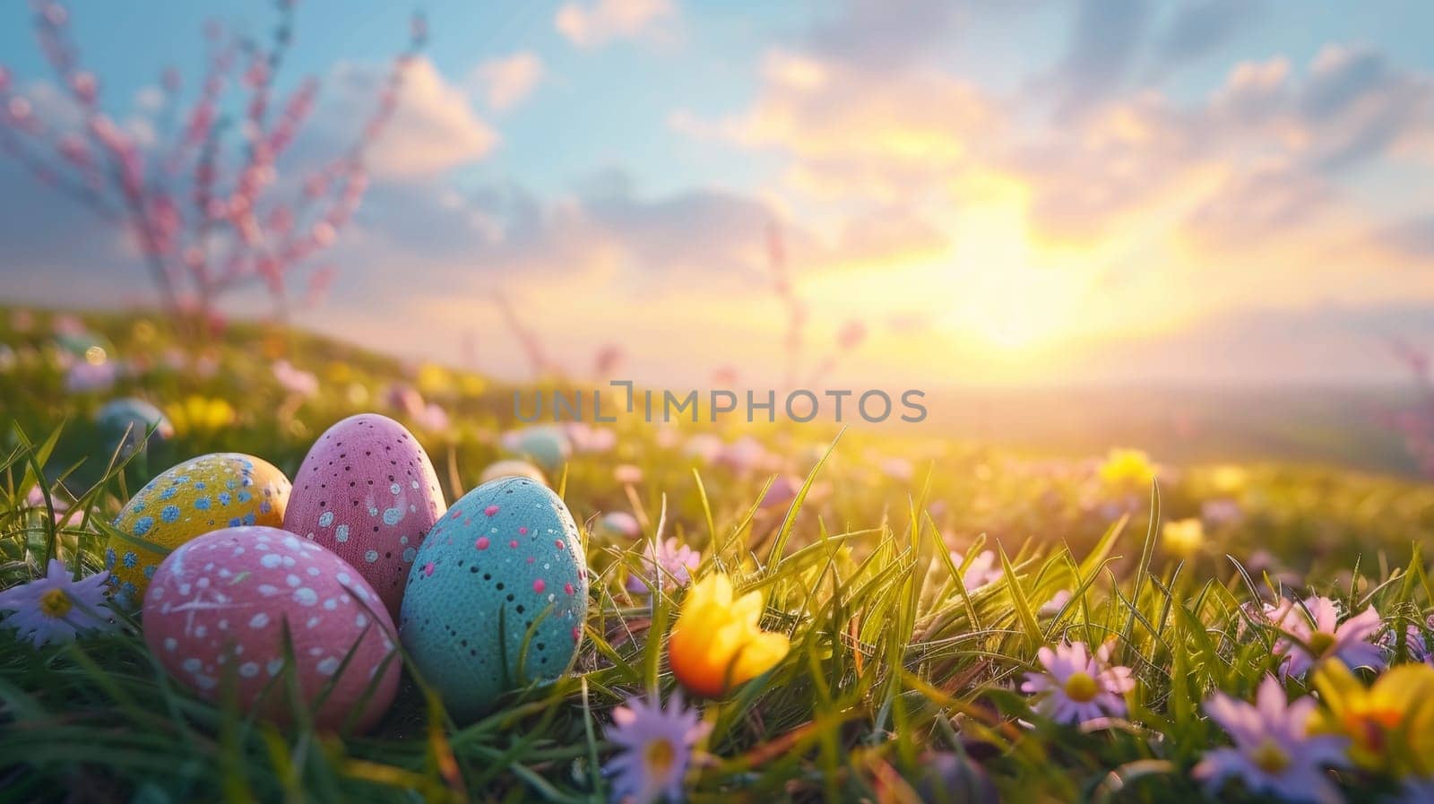 Easter eggs in the grass with flowers and sun