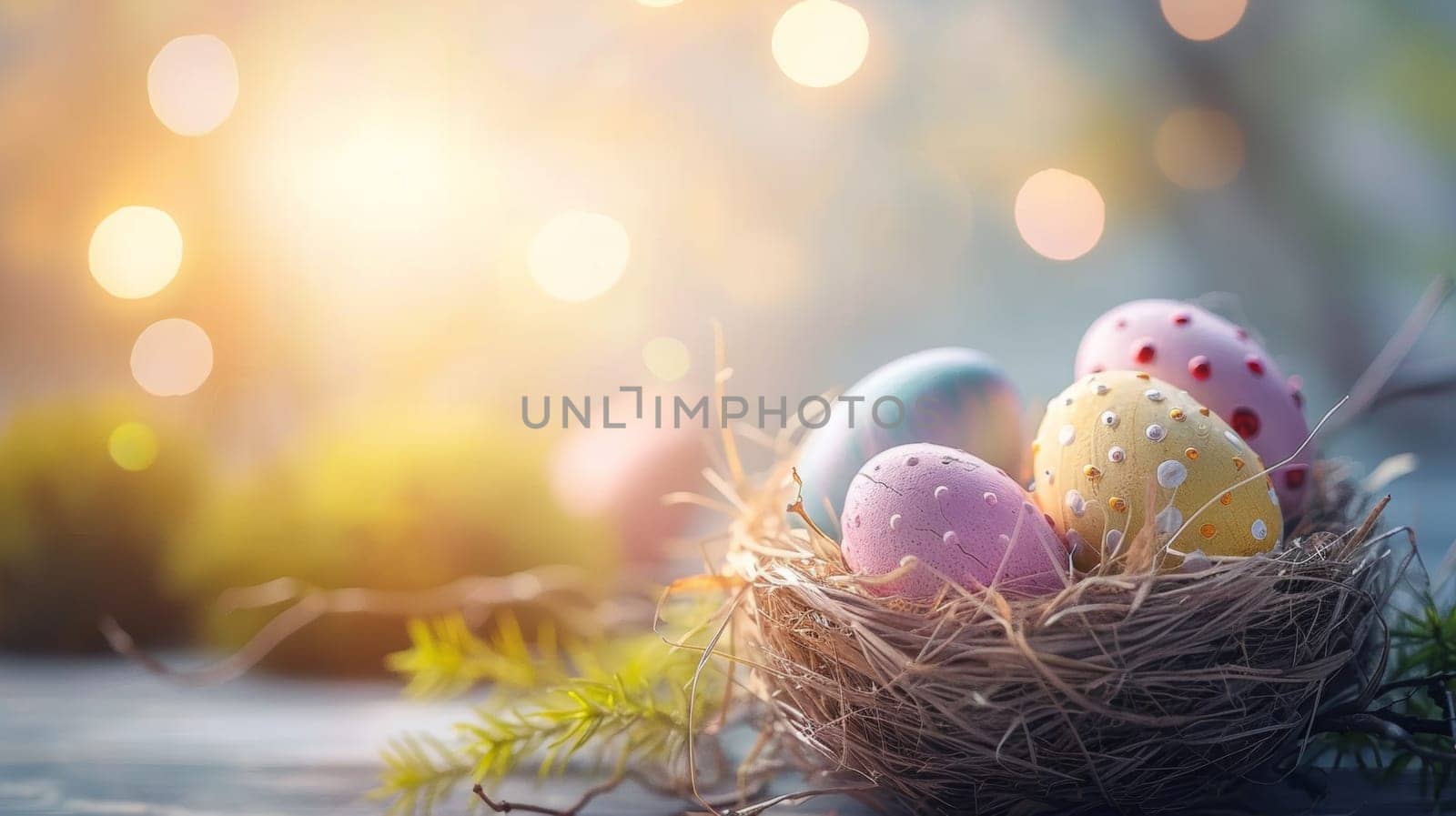 A close up of a nest with colorful easter eggs