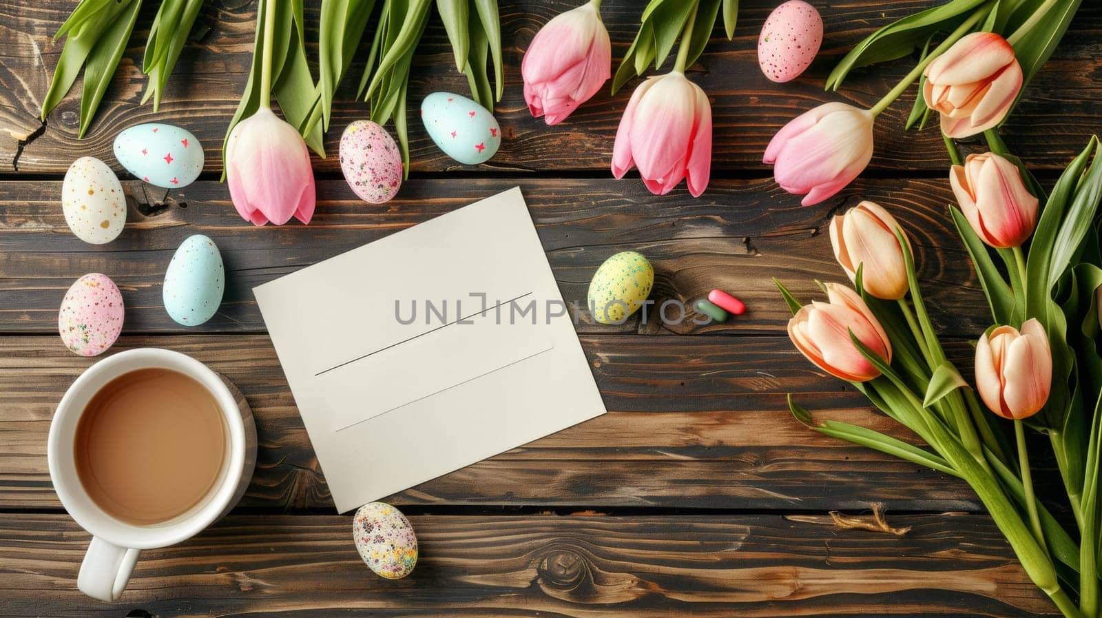 A card, easter eggs and a cup of coffee on wooden table