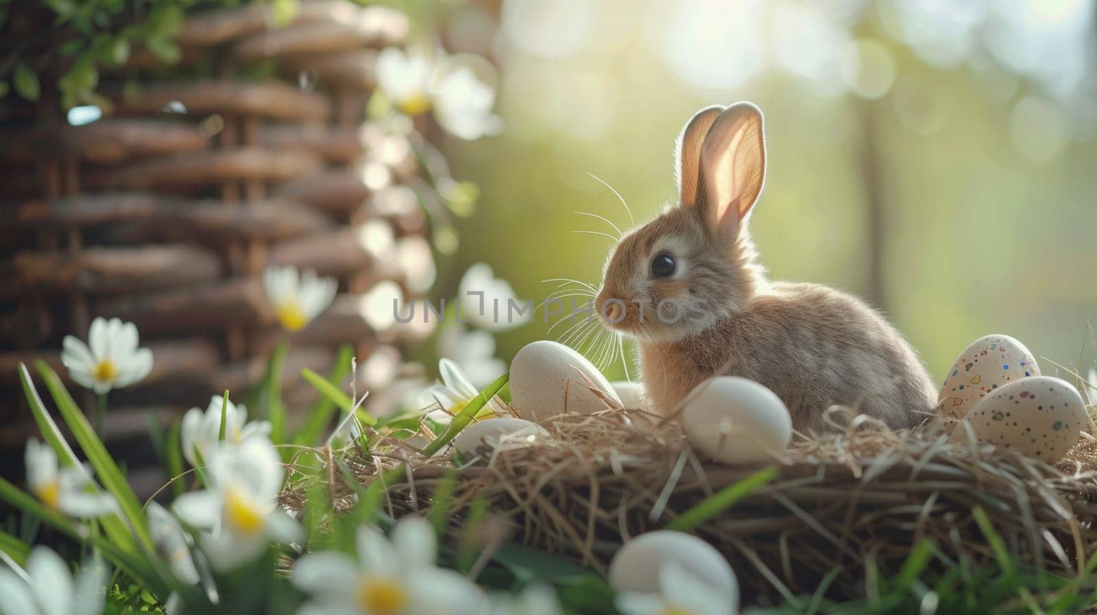 A small rabbit sitting in a nest with eggs and flowers