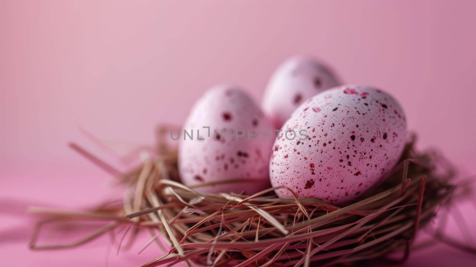 A close up of a nest with eggs in it on pink background