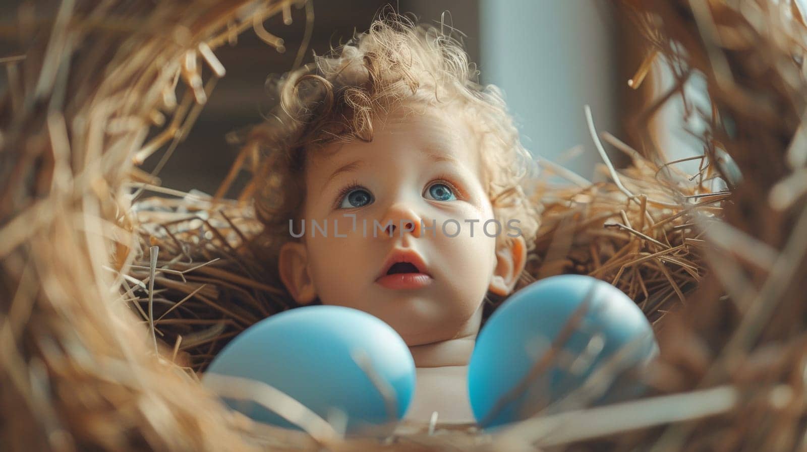 A baby in a nest with blue eggs and some hay
