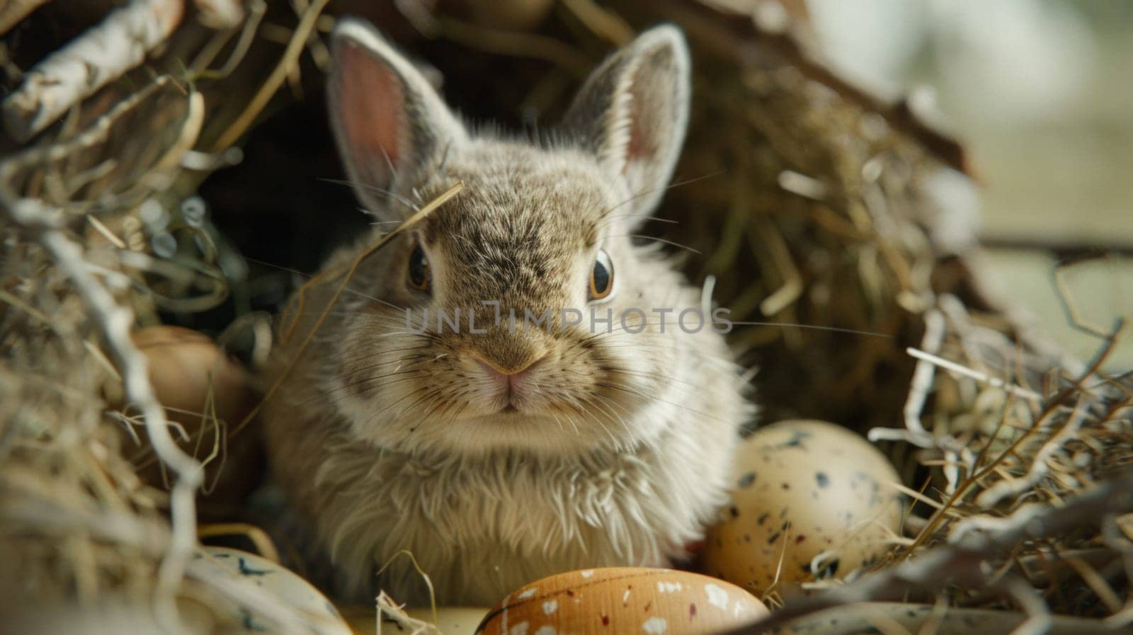 A rabbit sitting in a nest of eggs with its eyes closed