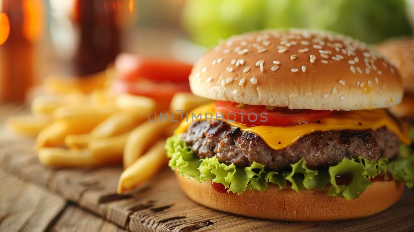 A close up of a hamburger and fries on the table