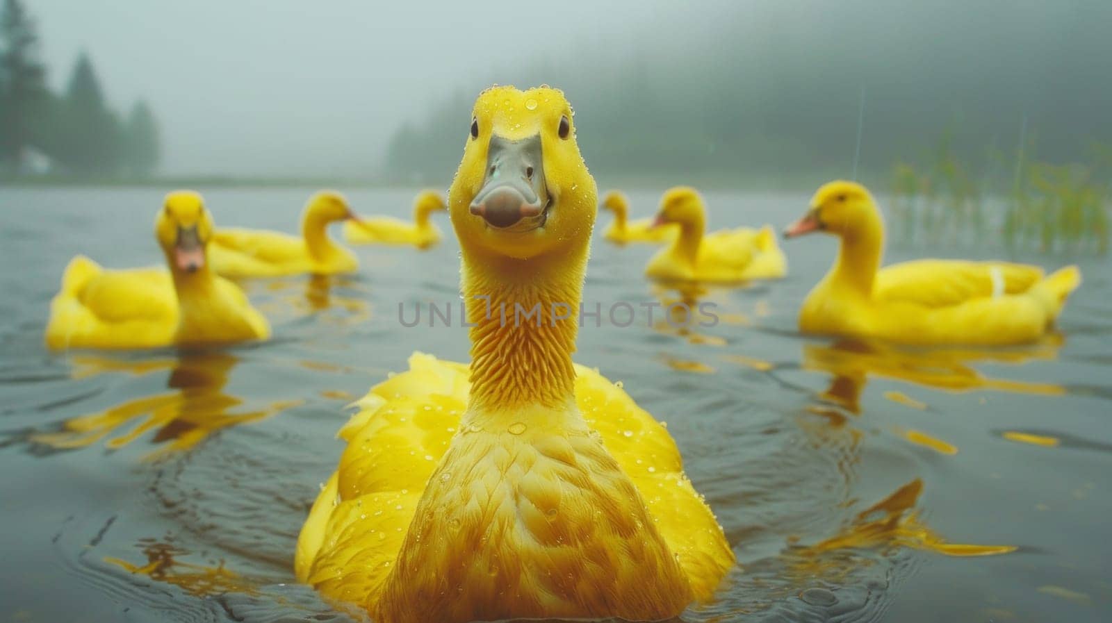 A group of a bunch of ducks swimming in the water