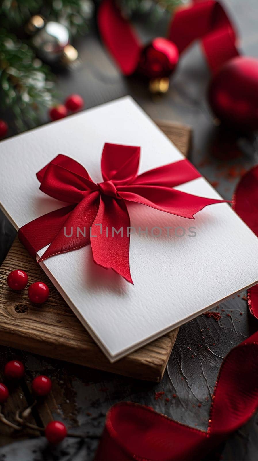 A close up of a card with red ribbon and ornaments