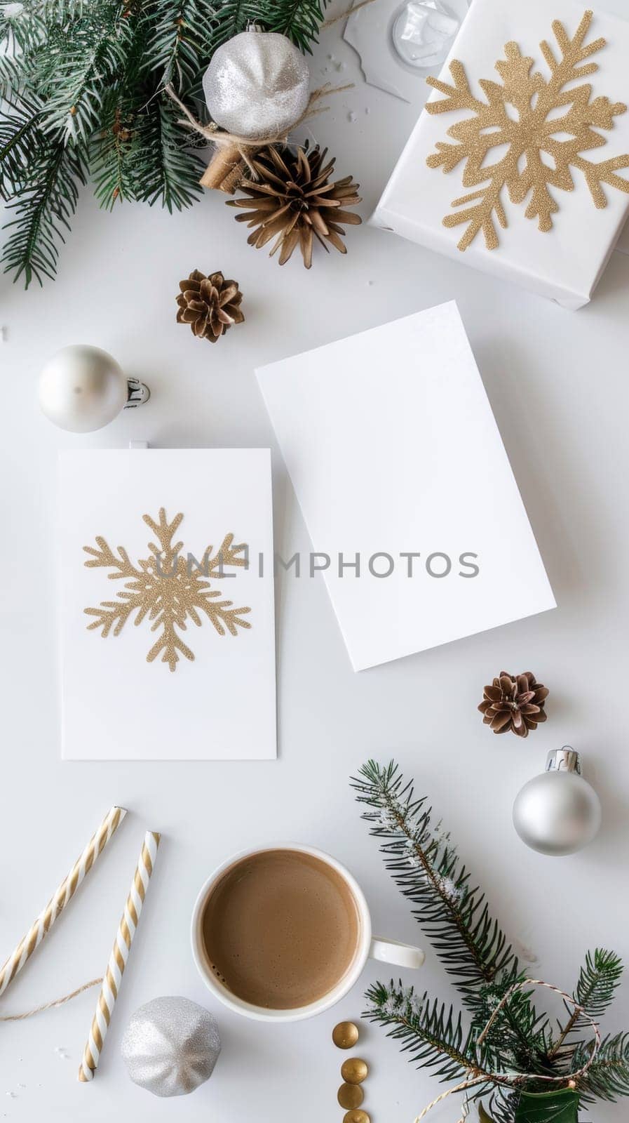 A christmas card with a gold snowflake on it next to coffee and other decorations