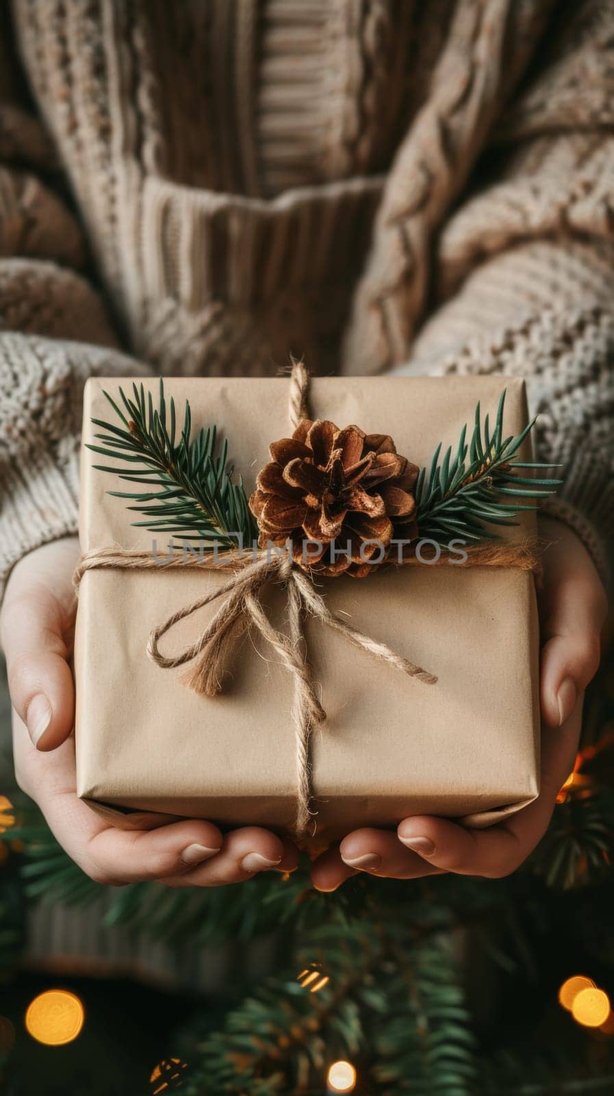 A person holding a wrapped gift with pine cone on top