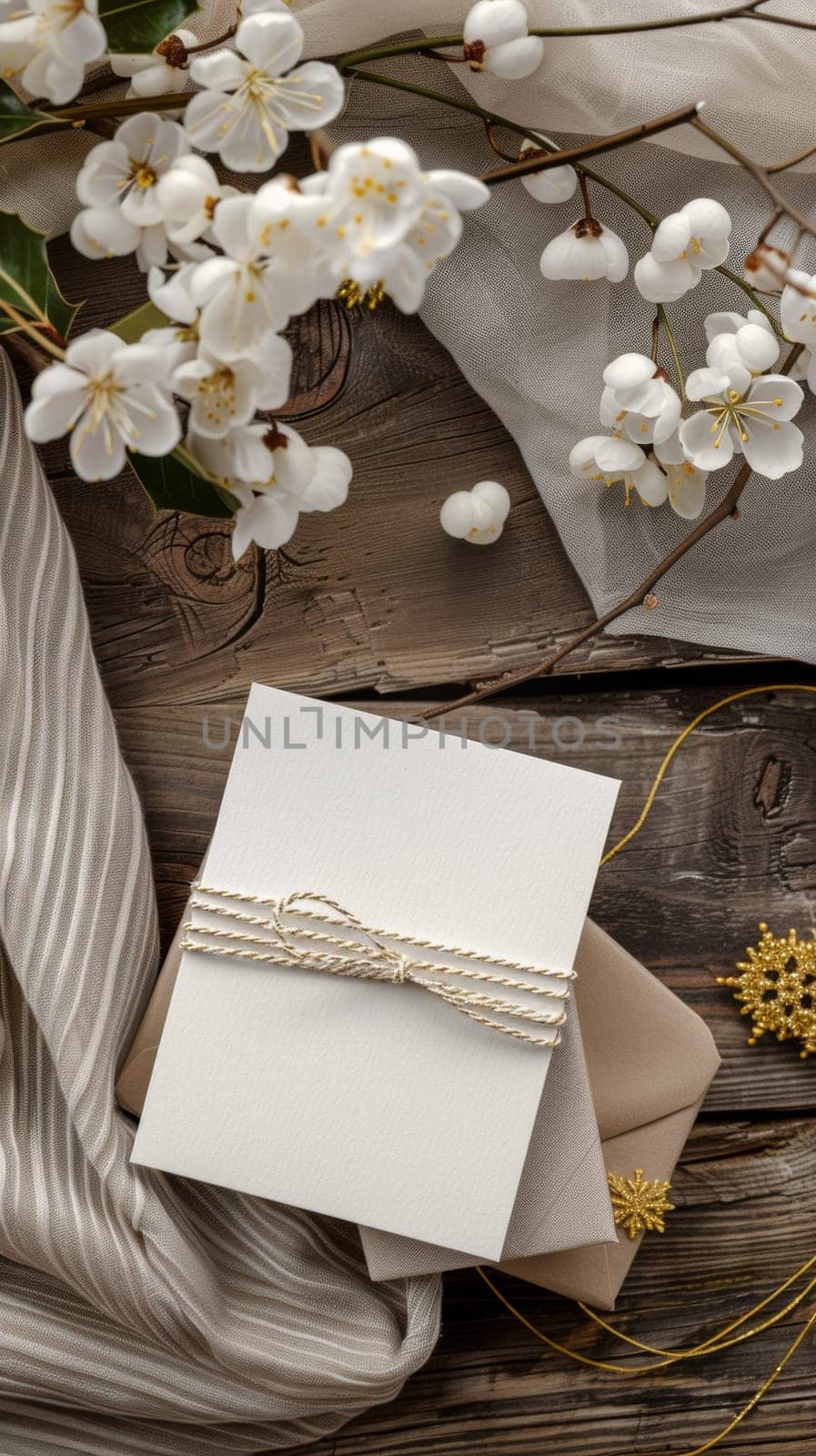 A white flowers and a card on top of wood