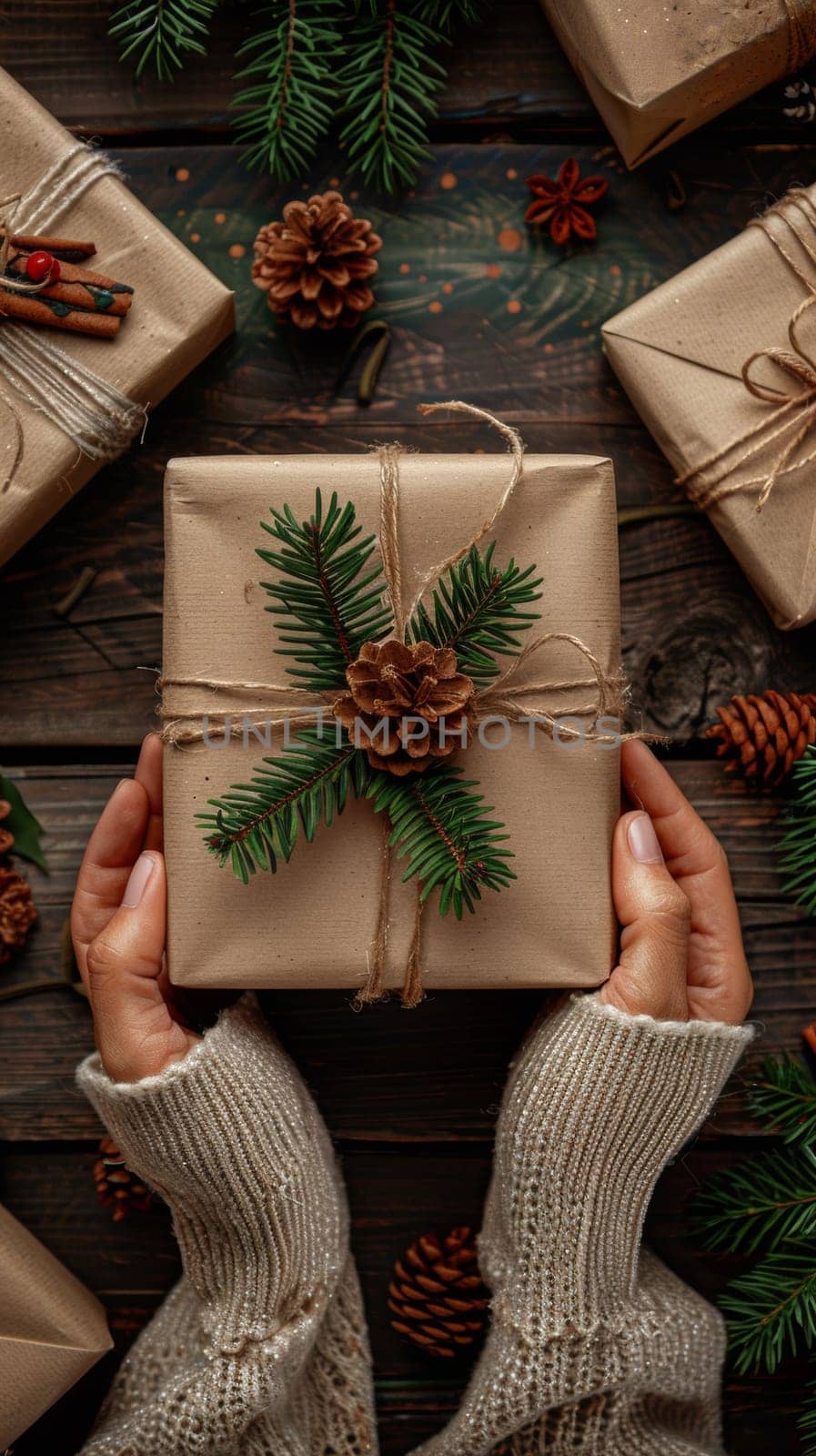 A person is holding a wrapped gift with pine cones and fir needles