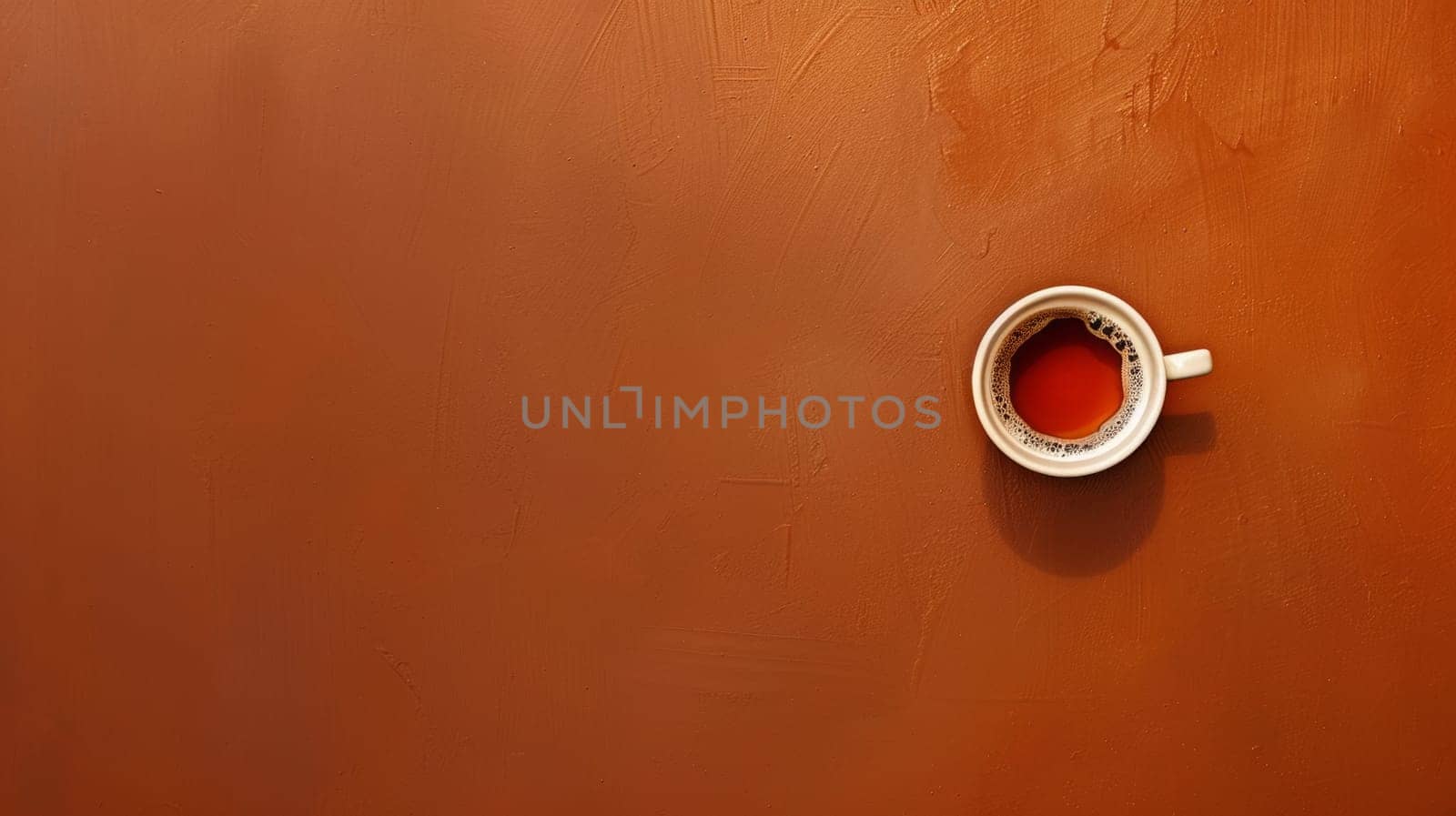 A cup of coffee is on a brown wall with orange trim