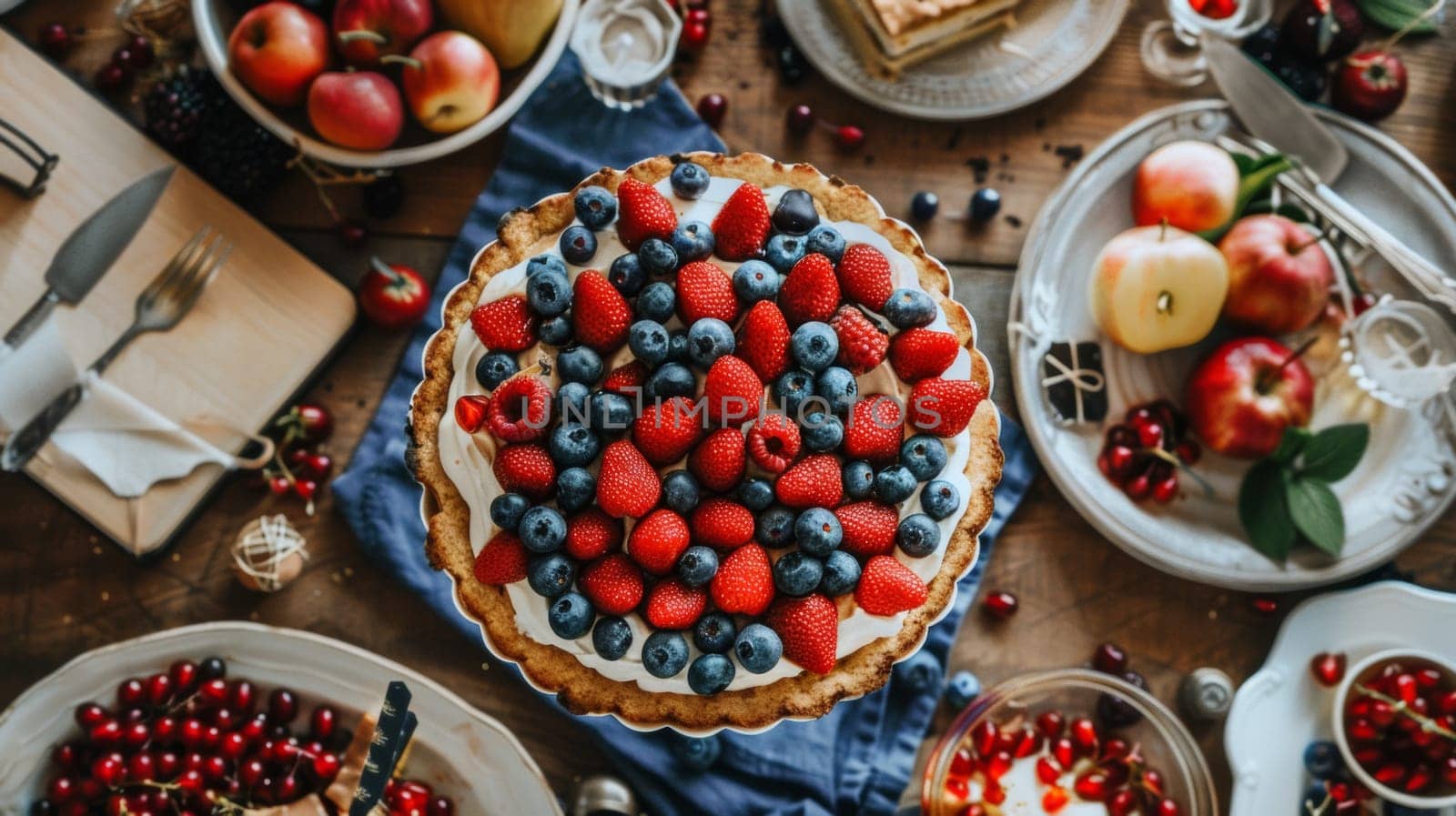 A table topped with a fruit pie and other food items