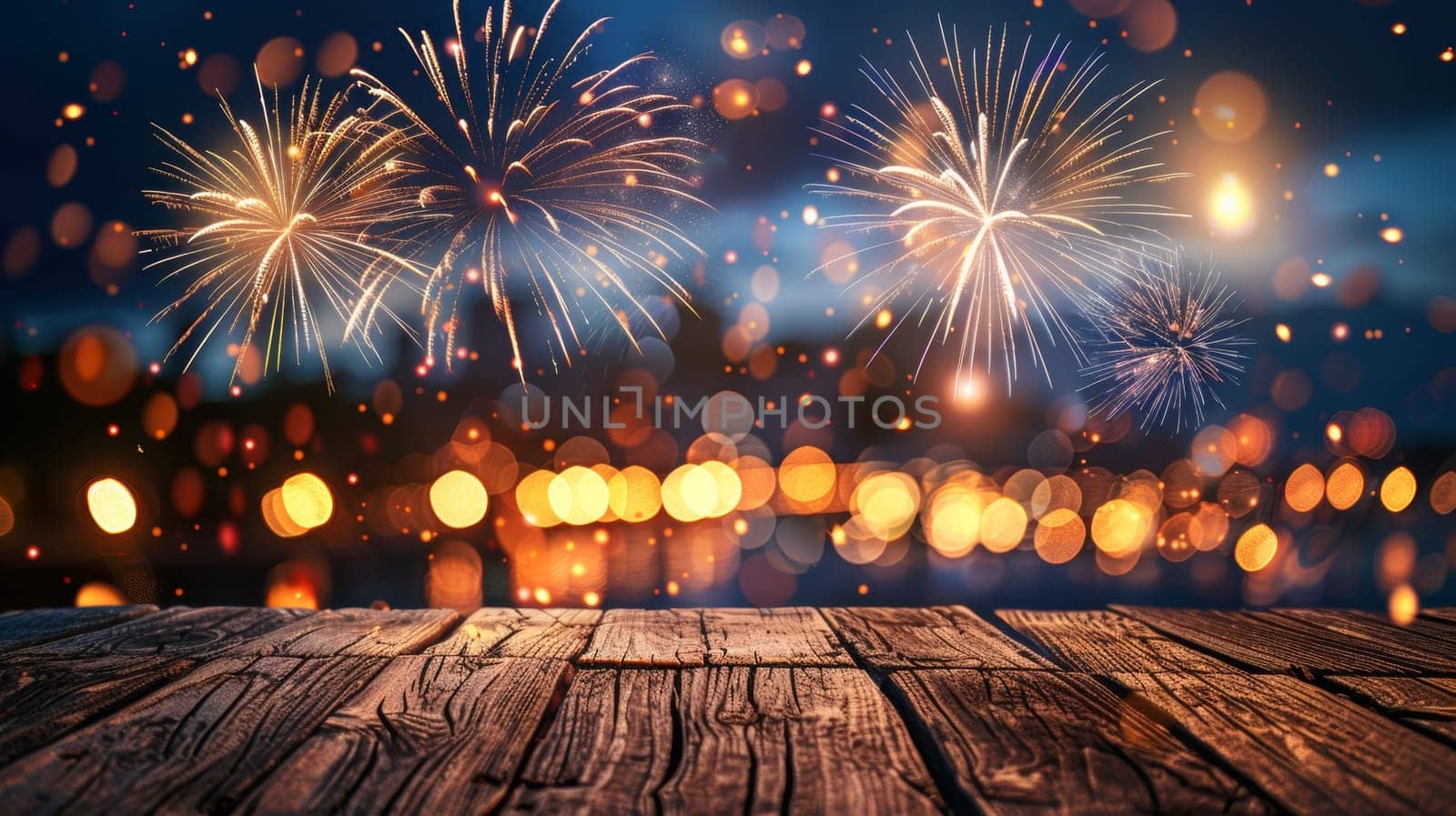 Fireworks over a wooden table with blurred lights in the background