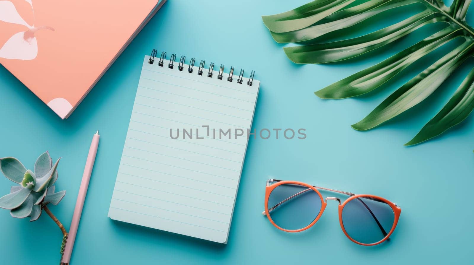 A notebook, sunglasses and a plant on blue background
