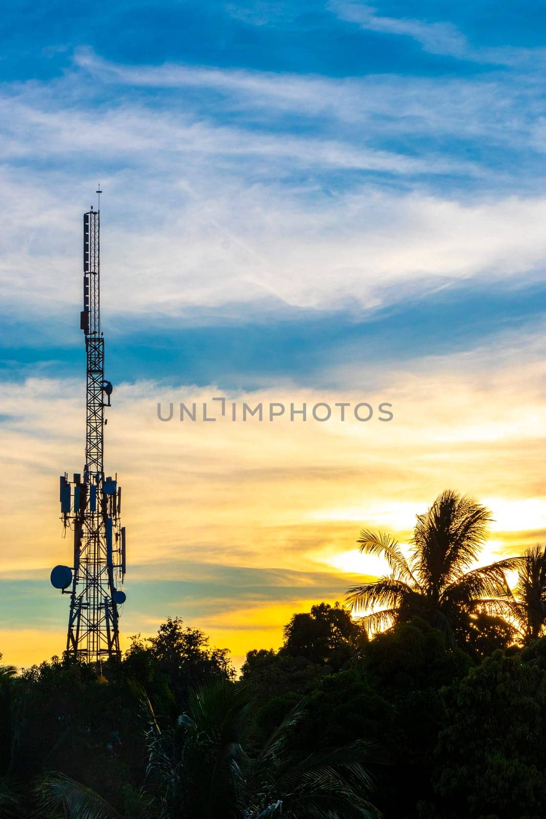 Red white 5G tower radiation sunset in Mexico. by Arkadij