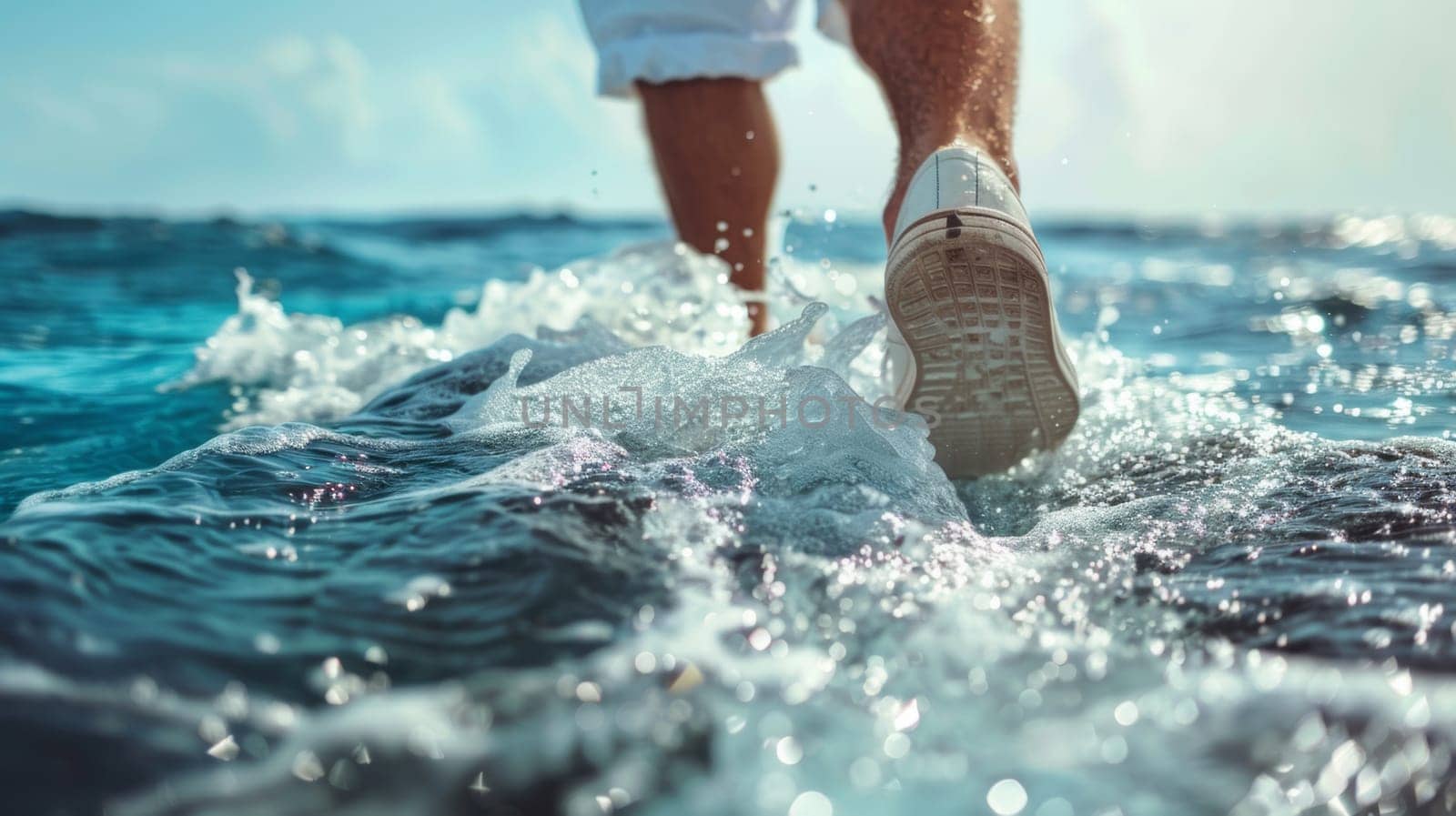 A person walking on the beach with their feet in water