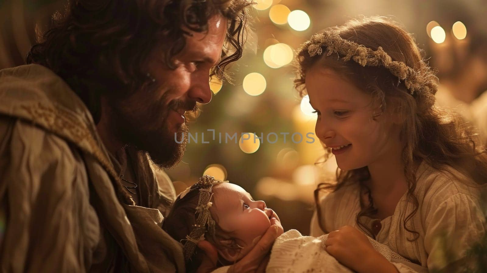 A man and a girl holding each other while looking at the baby