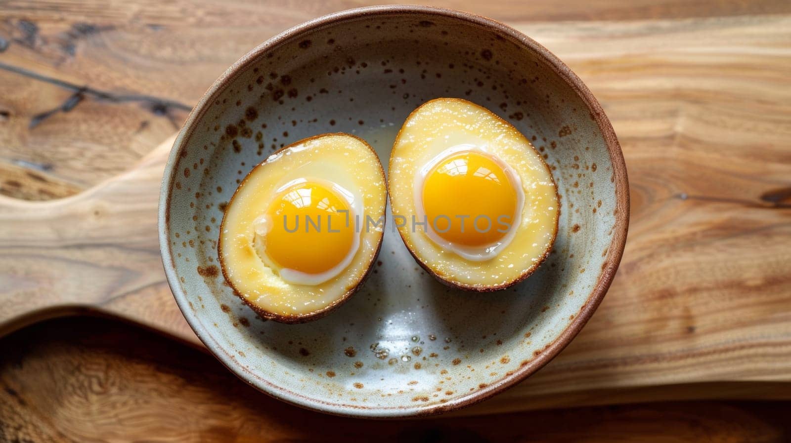 A bowl with two eggs in it on a table