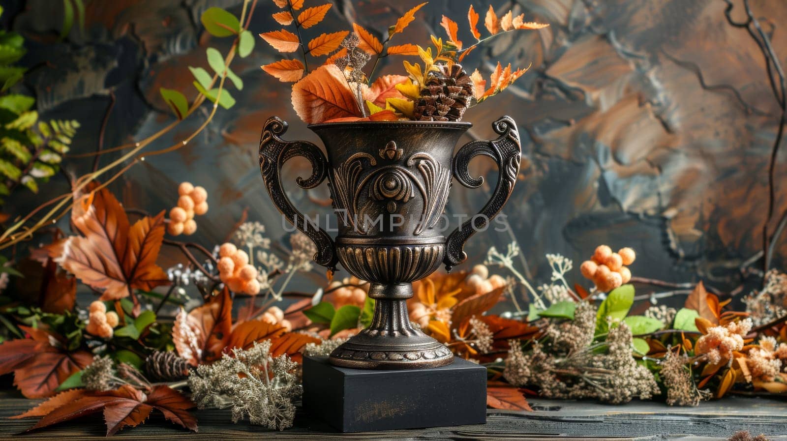 A bronze trophy with flowers and leaves in a vase