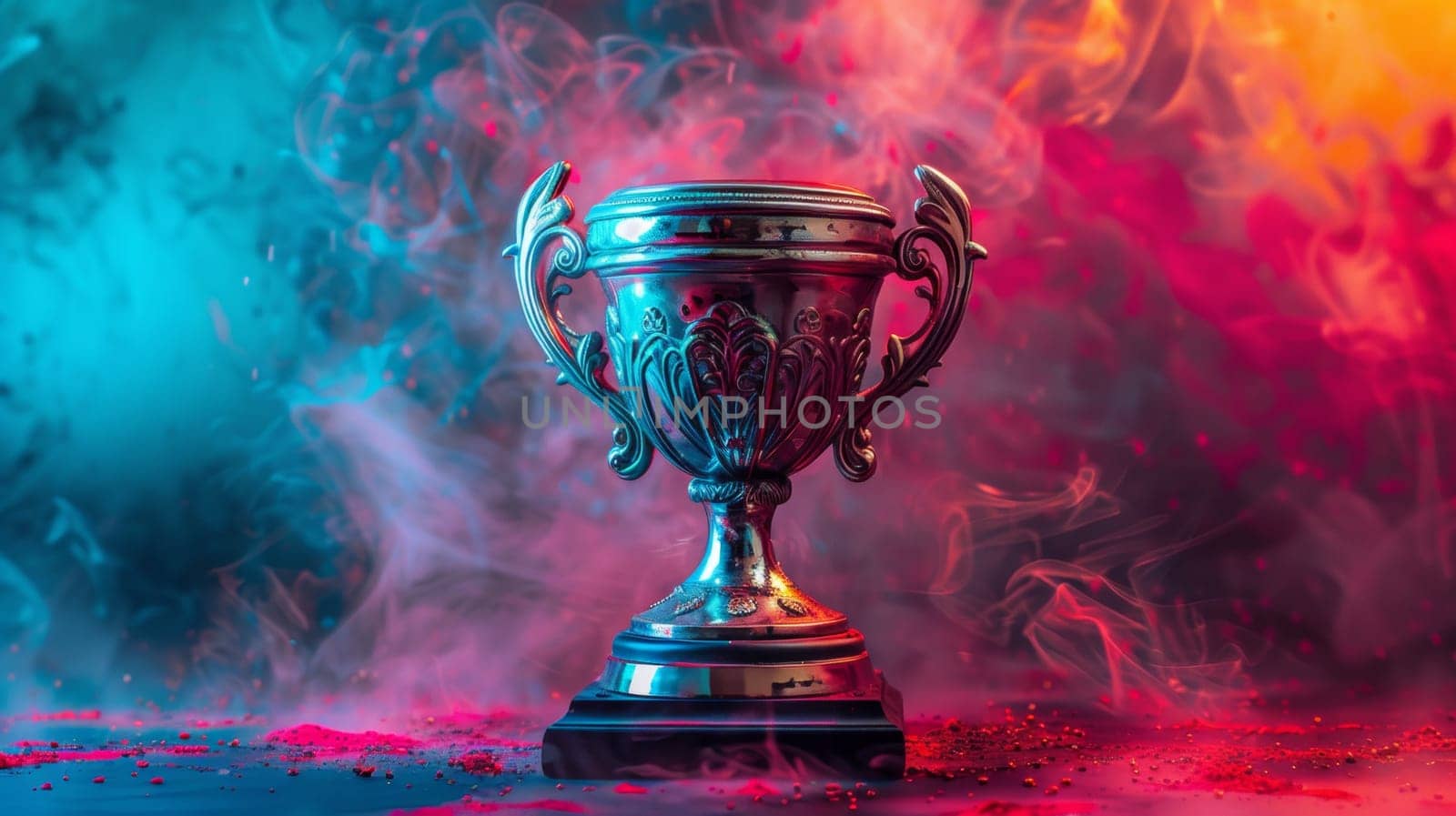 A trophy is sitting on a colorful background with smoke
