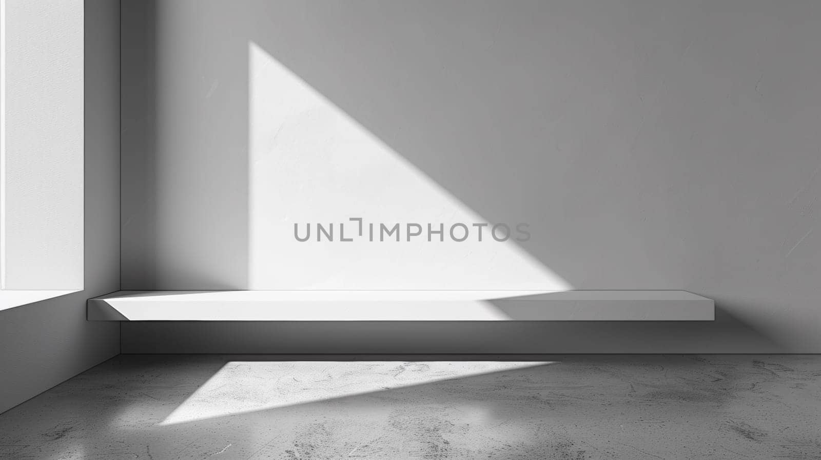 A white bench in a corner of an empty room with light coming through the window